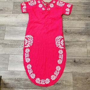 J. Marie Dress Womens Medium Pink White Embroidered Floral Boho Caftan Lace Up